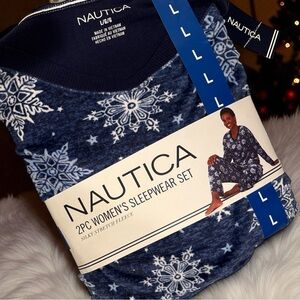 NAUTICA Women’s 2 PC Sleepwear Set Silky Stretch Fleece Blue & White Size L NWT